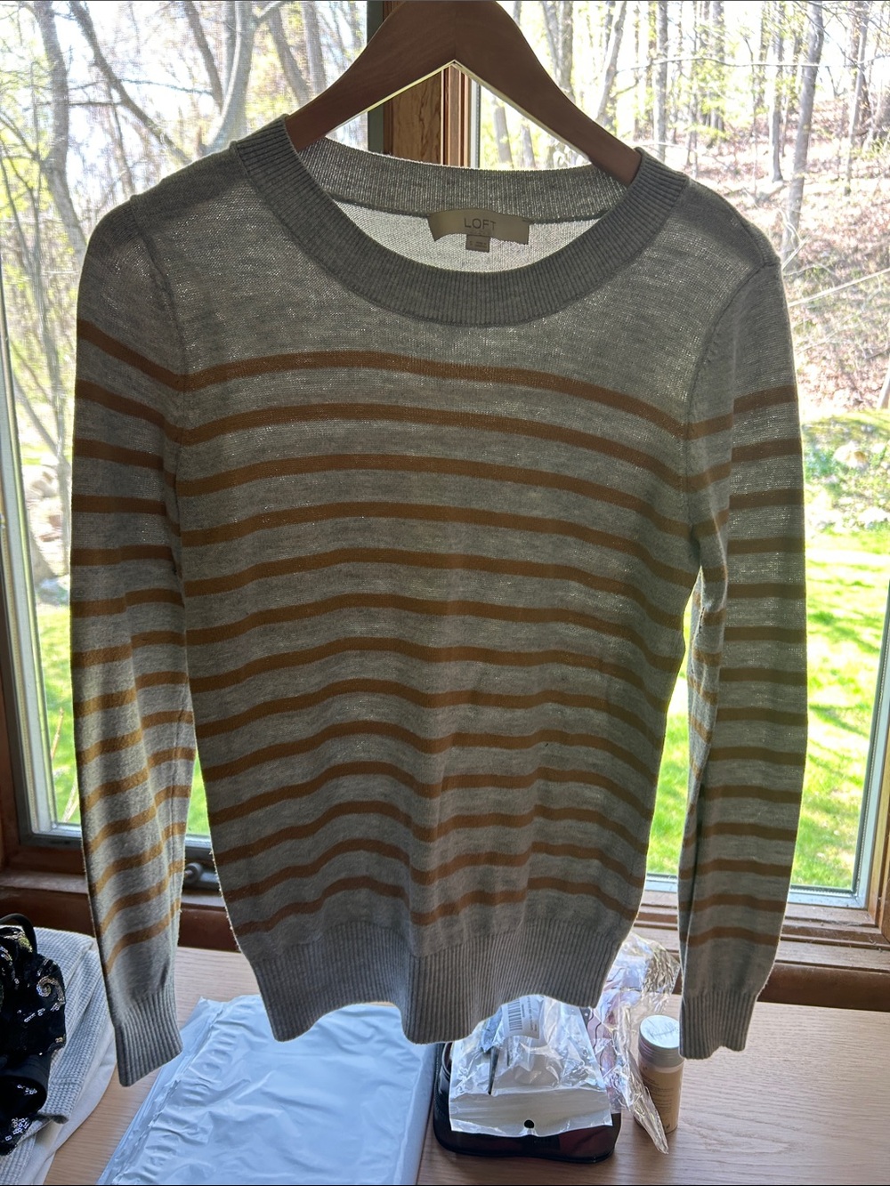LOFT Gray and Camel Striped Crewneck Sweater